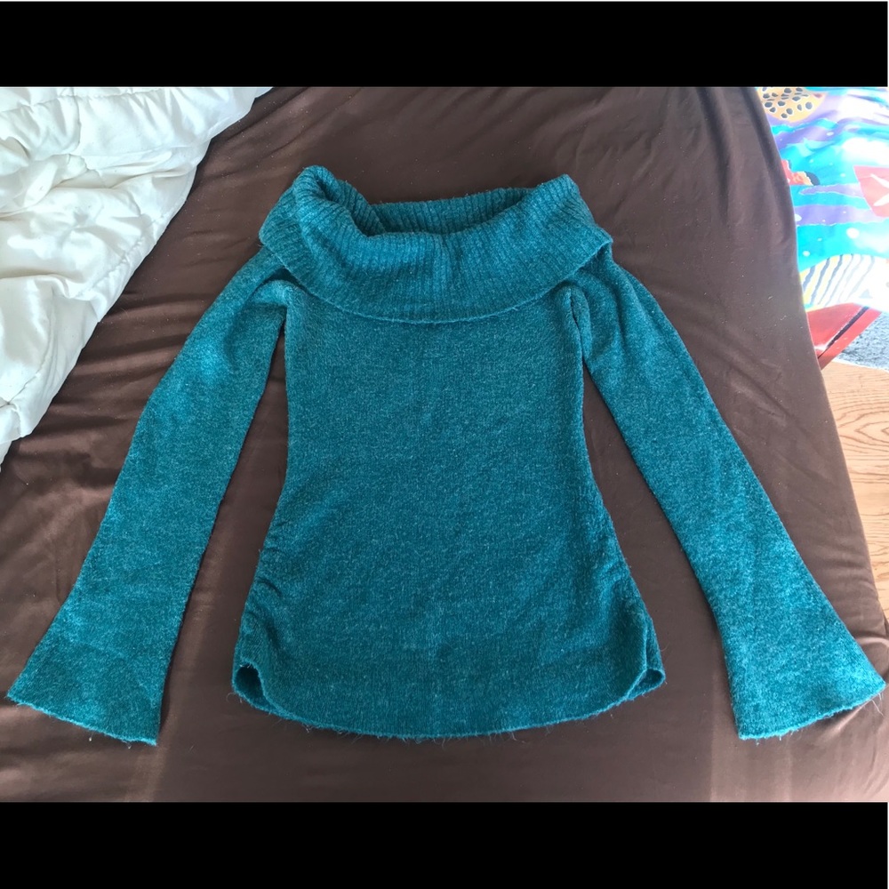 LOVEROCKS Teal Ruched Cowl Long Sleeve Sweater